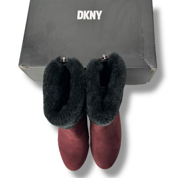 NEW DKNY Red Wedge Boots Size 5.5 Merlot Maroon Faux Fur Winter Booties Heels - Picture 9 of 12